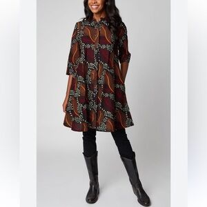 Zuri Cotton Kenya African Print 3/4 Sleeves A-Line Side Pockets Mini Shirt Dress